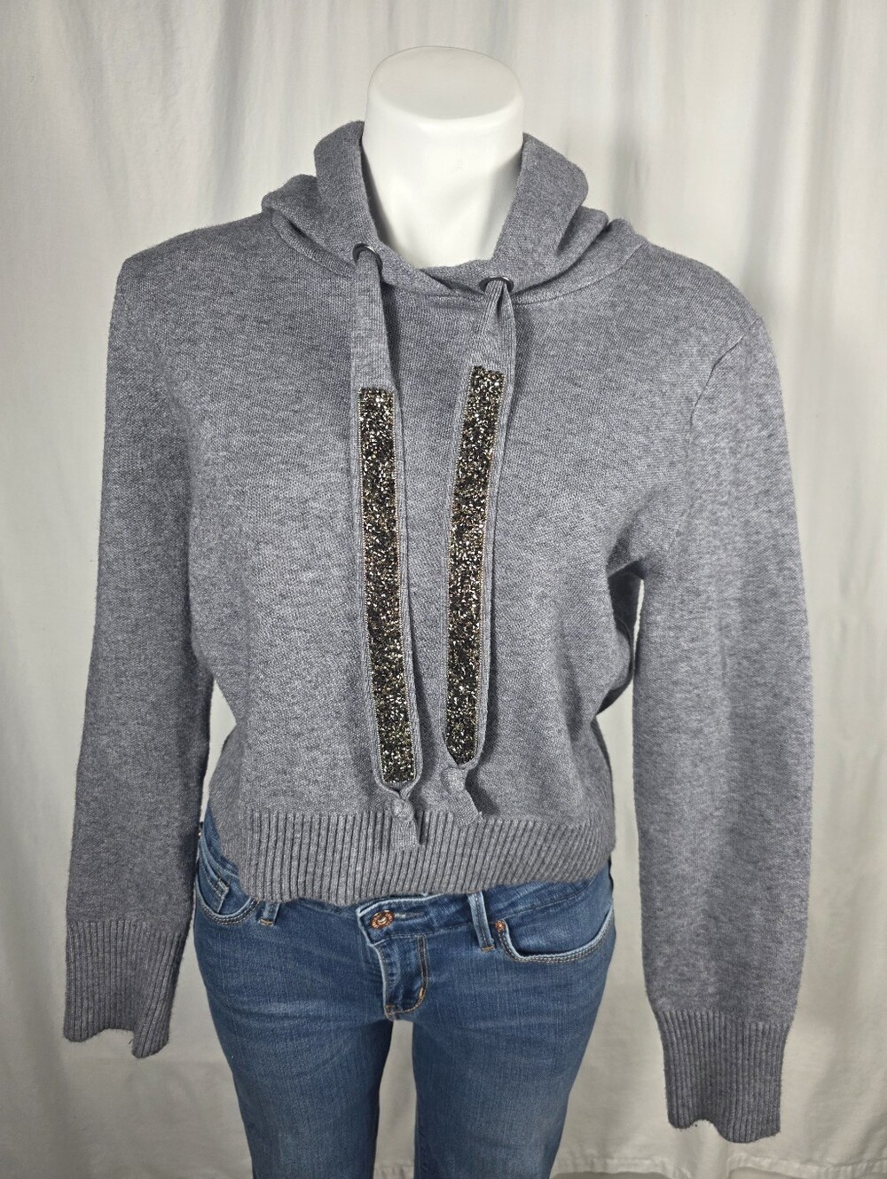 Zara Knit Cropped Hoodie Sweater | Gray Rhinestone Drawstring | Size Medium